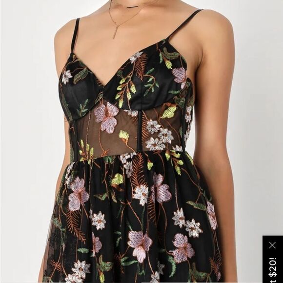 Lulu’s Radiant Fantasy Black Floral Embroidered Tulle Maxi Dress M NWT in packag - Picture 2 of 7